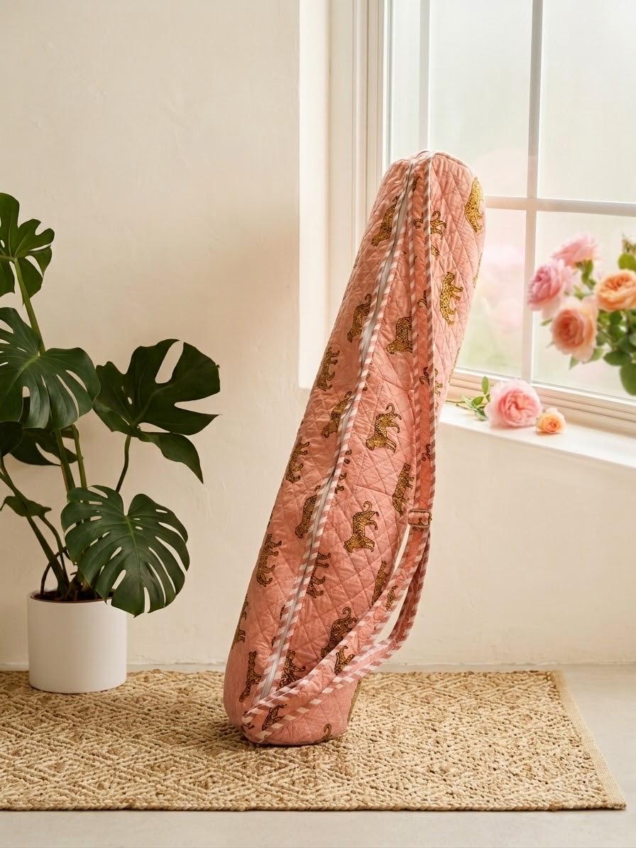Quilted Cheetah Print Yoga Mat/ Mahjong  Bag, Boho Gym Tote, Pilates Carrier