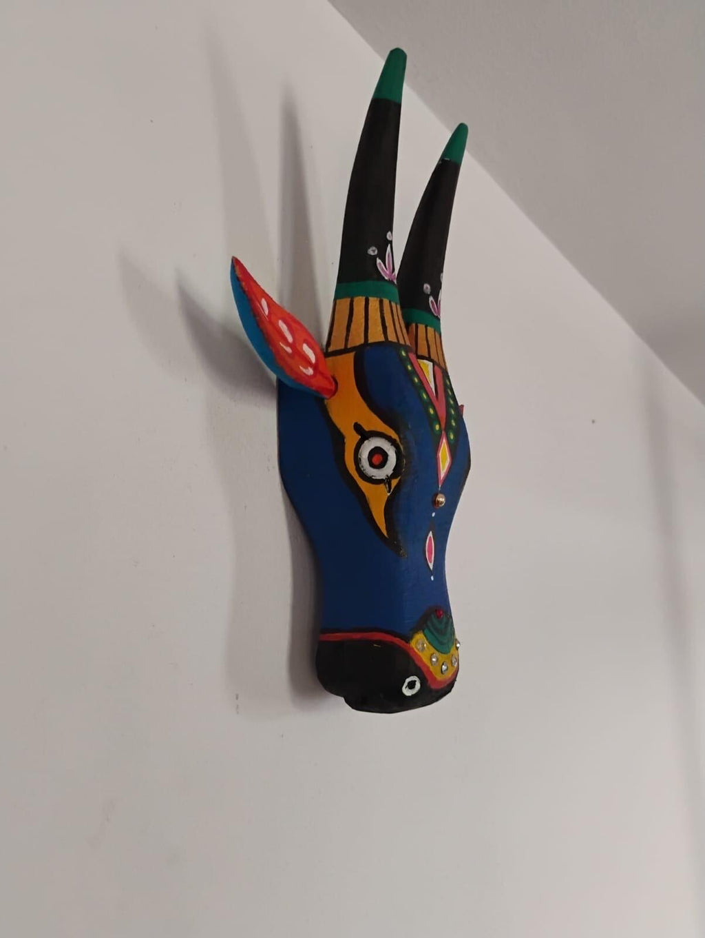 Mango Wood Bull Head Mask, Blue & Green Indian Art Wall Hanging