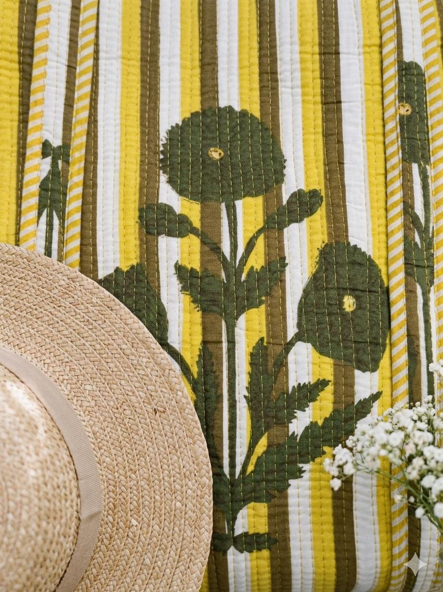Sun & Bloom Tote — Yellow Stripe Floral Market Bag | 18” x 18”