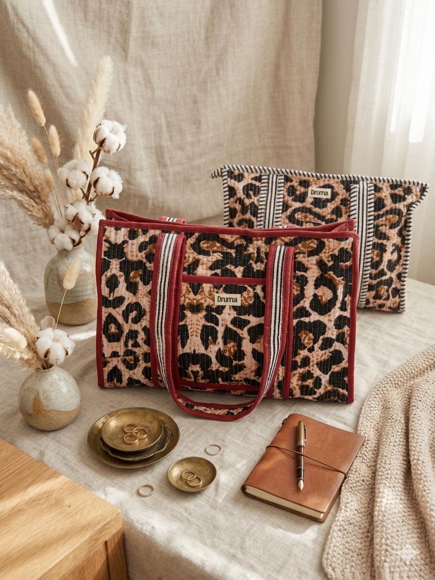 Quilted Cotton Leopard Print Mini Tote Bag, Boho Shoulder Travel Bag