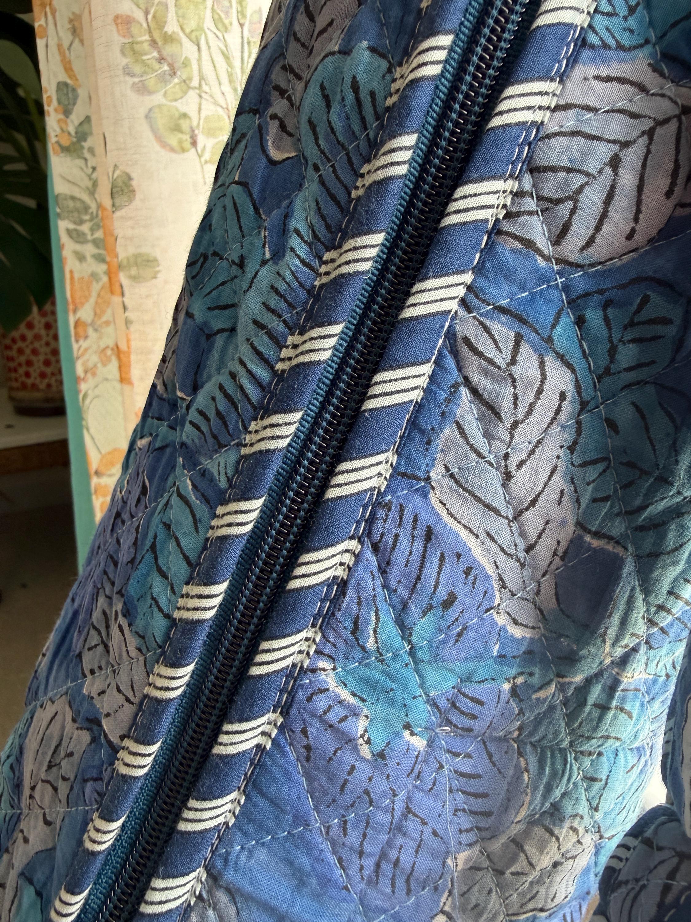 Quilted Cotton Blue Yoga Mat Bag, Block Print Boho Gym Tote, Pilates Carrier