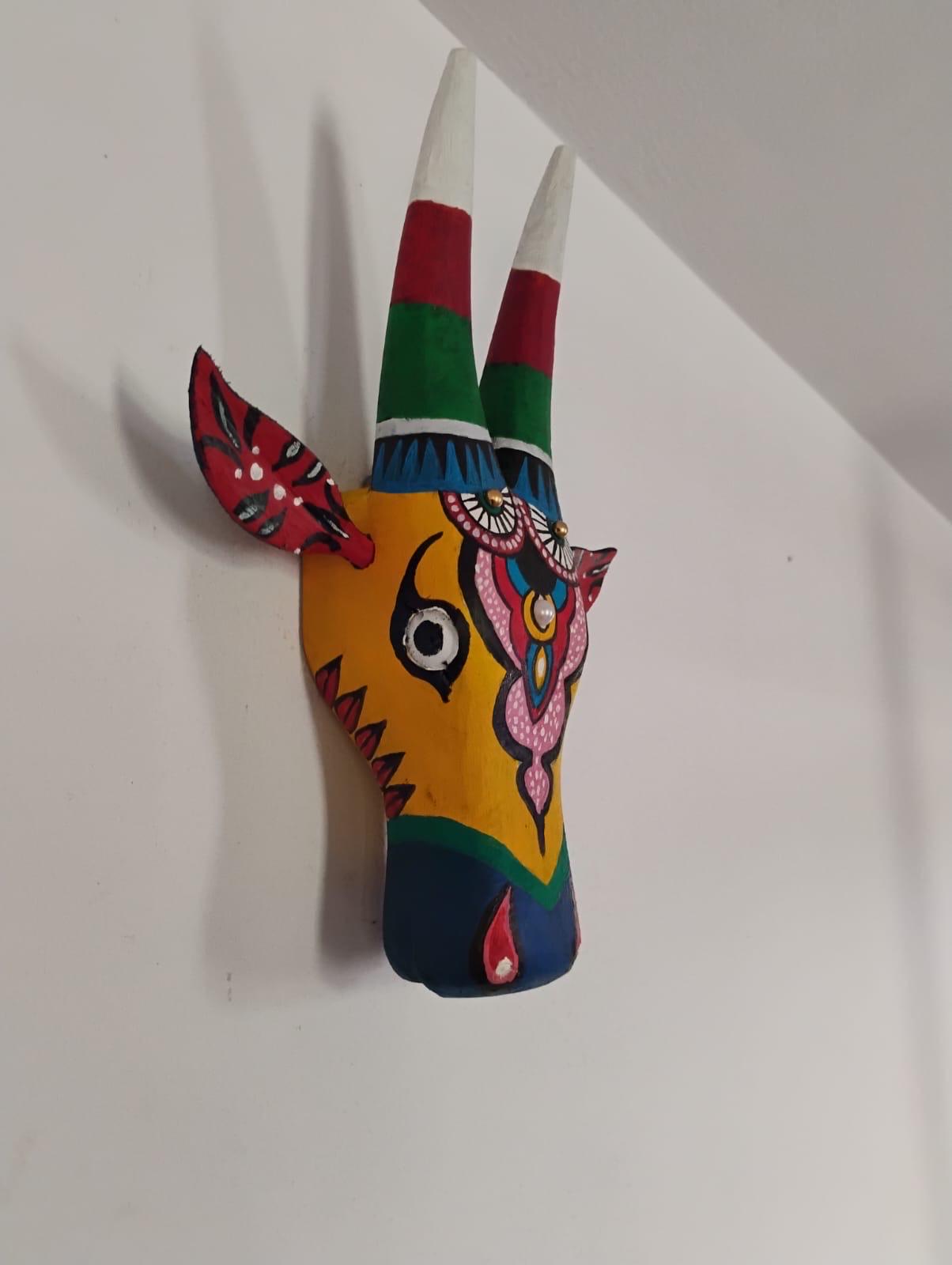 Mango Wood Bull Head Mask, Yellow & Red Indian Art Wall Hanging