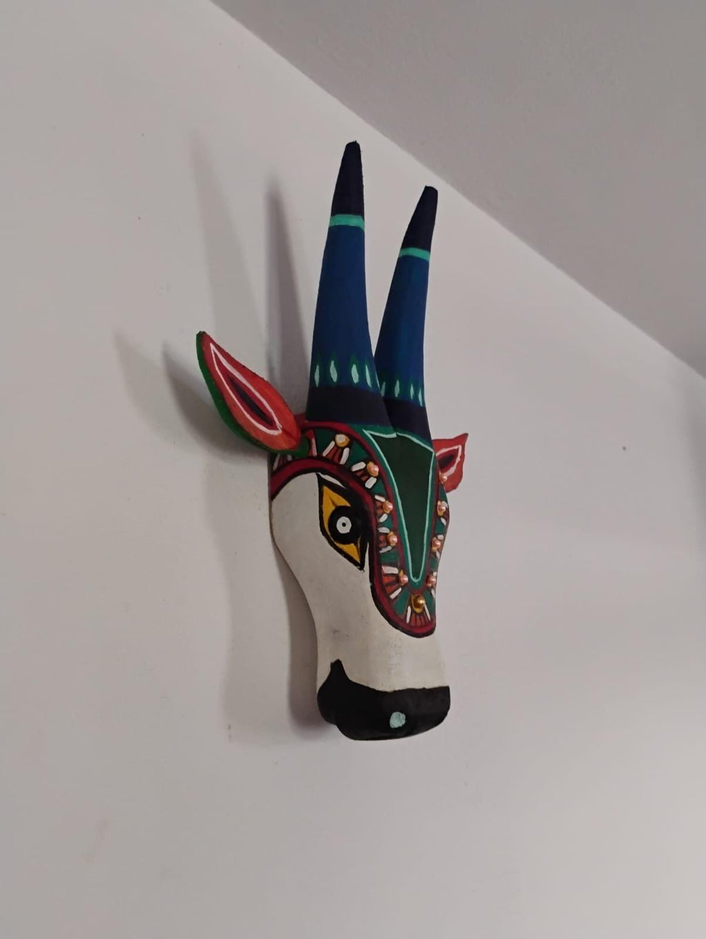 Mango Wood Bull Head Mask, White & Blue Indian Art Wall Hanging