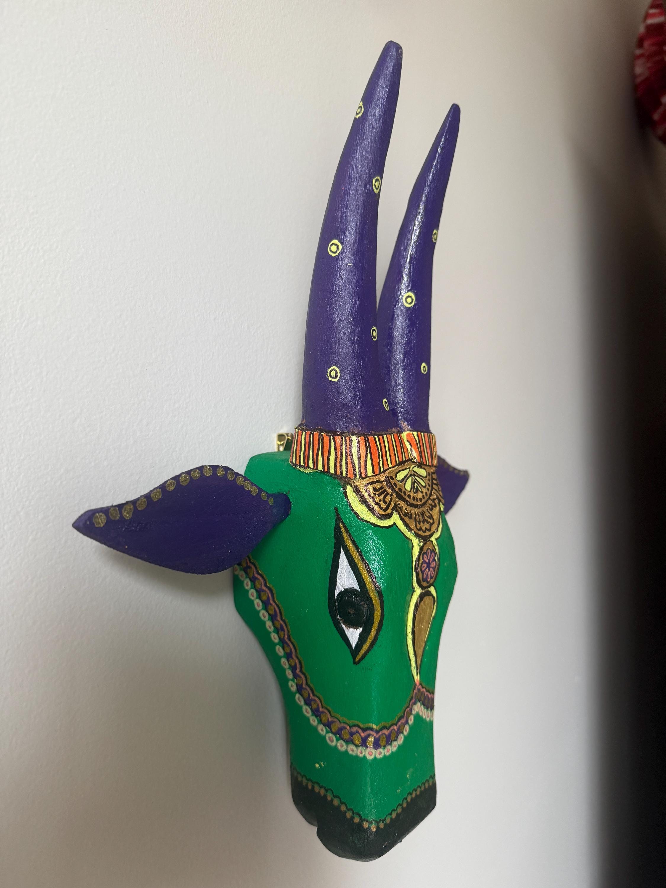 Mango Wood Bull Head Mask, Green & Purple Indian Art Wall Hanging
