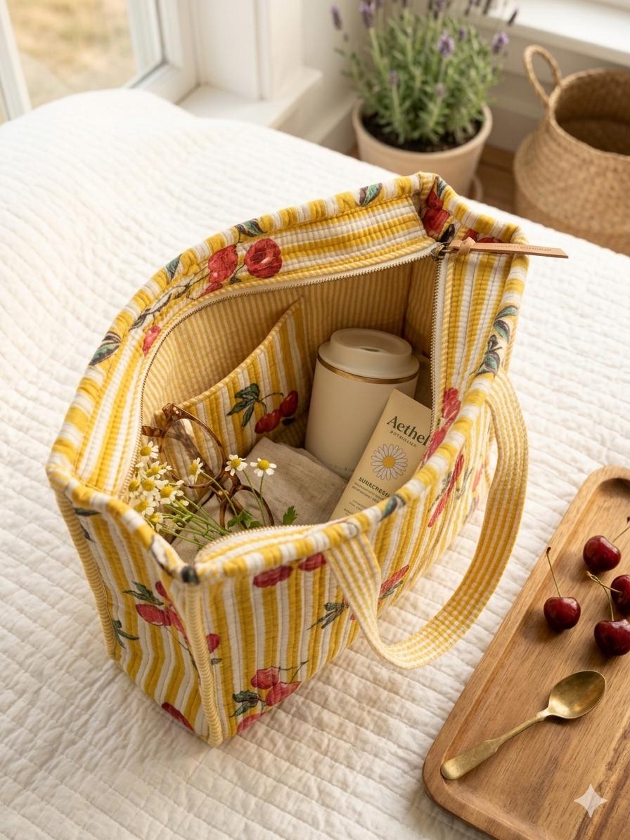 Quilted Cherry Tote Bag, Yellow Stripe, Cottage Core Shoulder Travel Bag