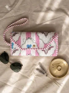Quilted Cotton Wristlet Clutch | Block Print Floral  | Handmade Boho Bag - Safed Phool
