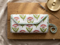 Quilted Cotton Wristlet Clutch | Block Print Floral  | Handmade Boho Bag - White flower