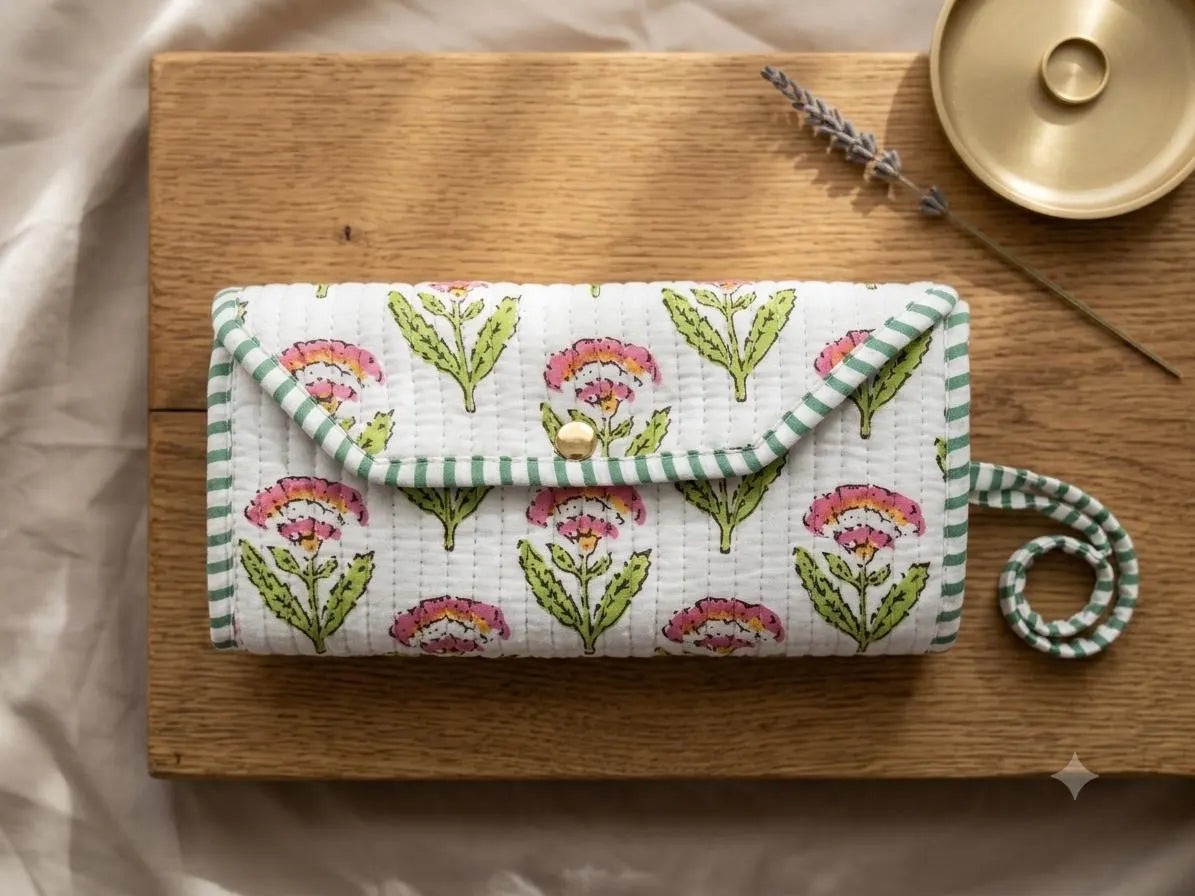 Quilted Cotton Wristlet Clutch | Block Print Floral  | Handmade Boho Bag - White flower
