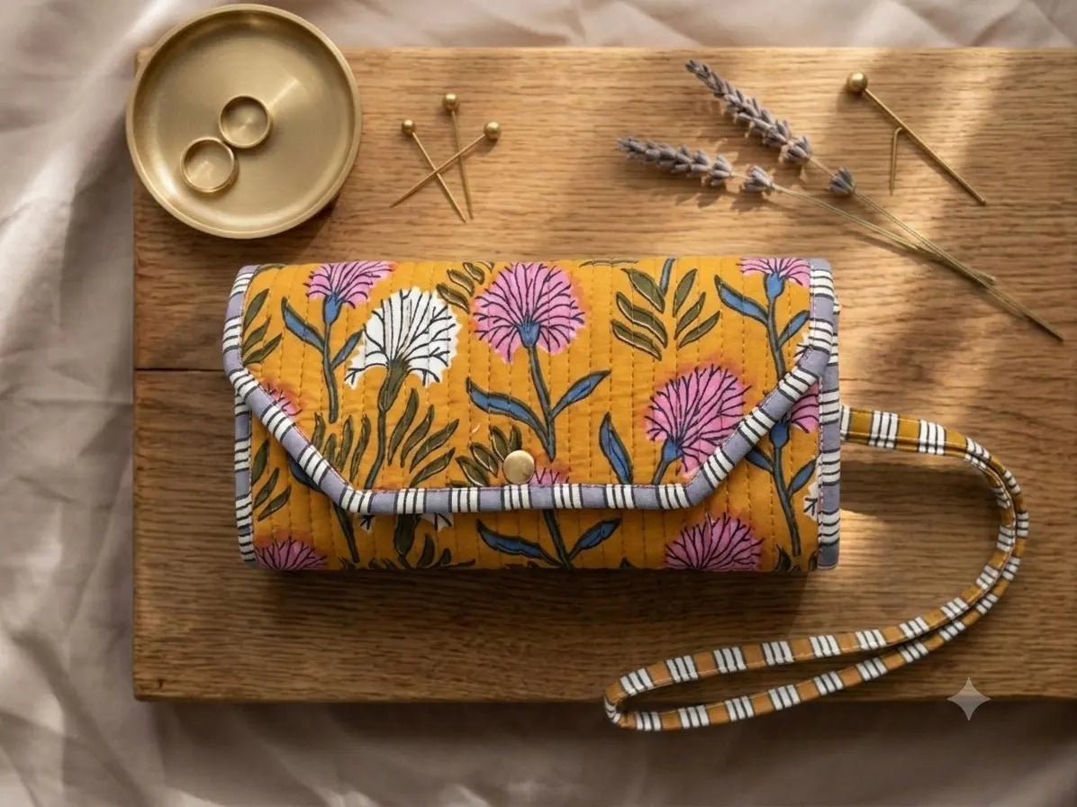 Quilted Cotton Wristlet Clutch | Block Print Floral  | Handmade Boho Bag - Fresh Earth