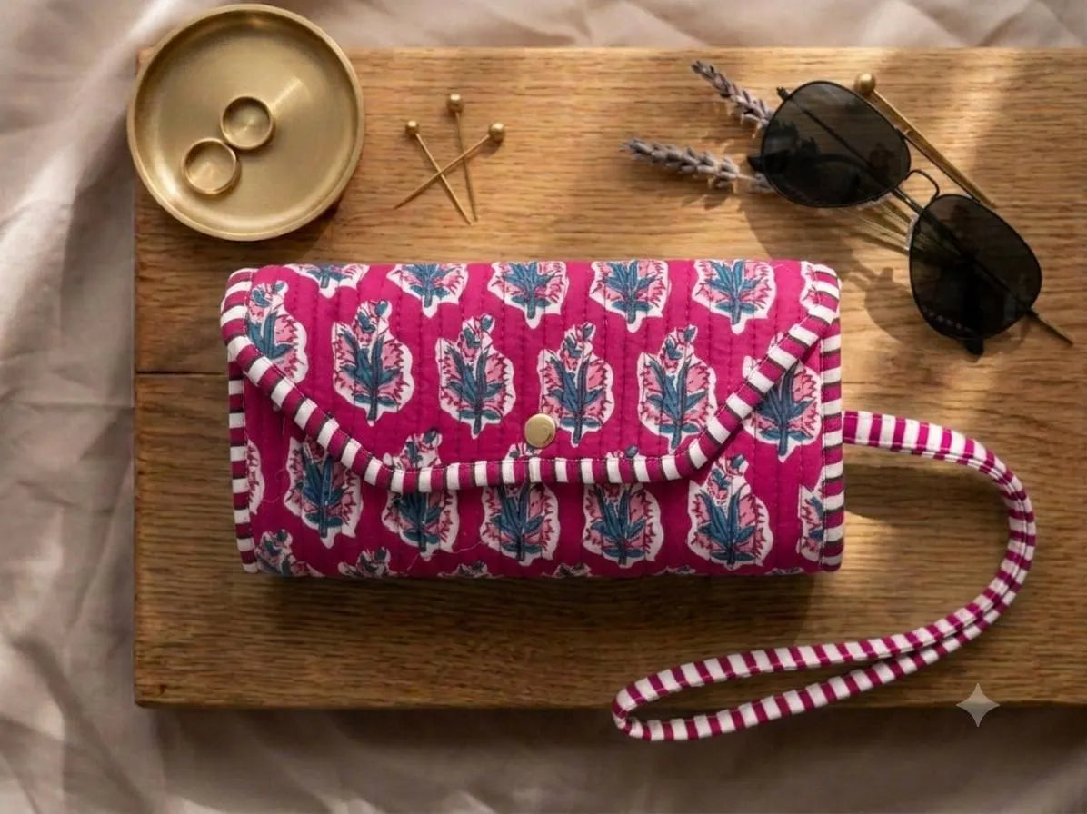 Quilted Cotton Wristlet Clutch | Block Print Floral  | Handmade Boho Bag - Gulab
