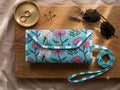 Quilted Cotton Wristlet Clutch | Block Print Floral  | Handmade Boho Bag - Purple Garden