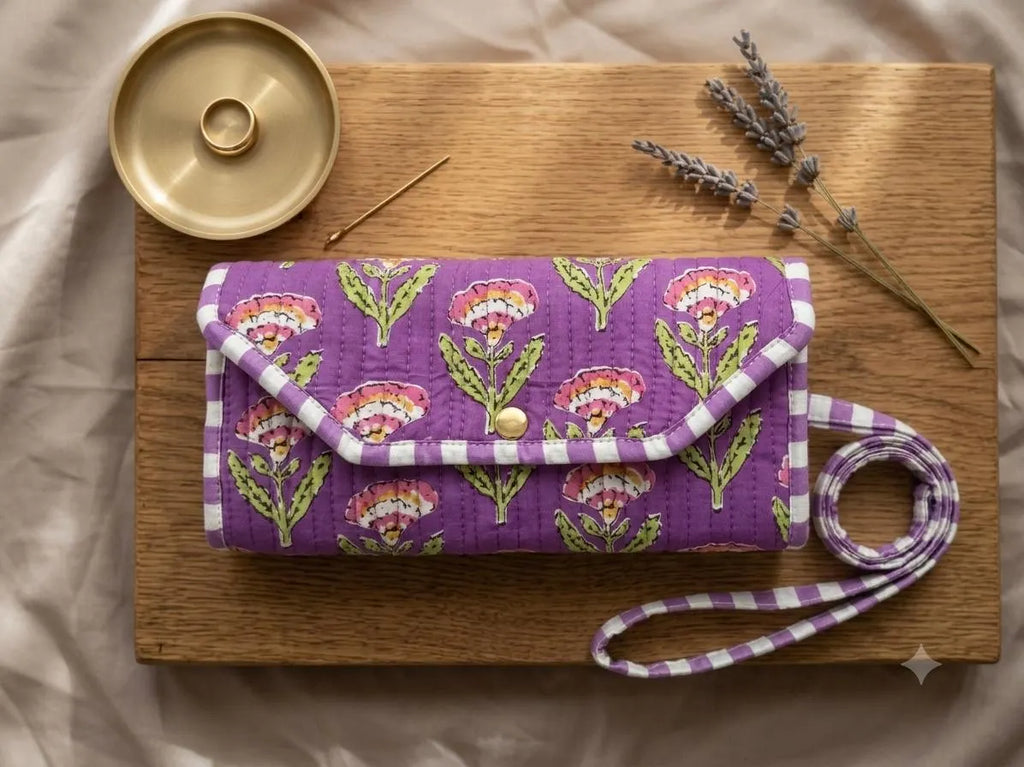 Quilted Cotton Wristlet Clutch | Block Print Floral  | Handmade Boho Bag - Nila