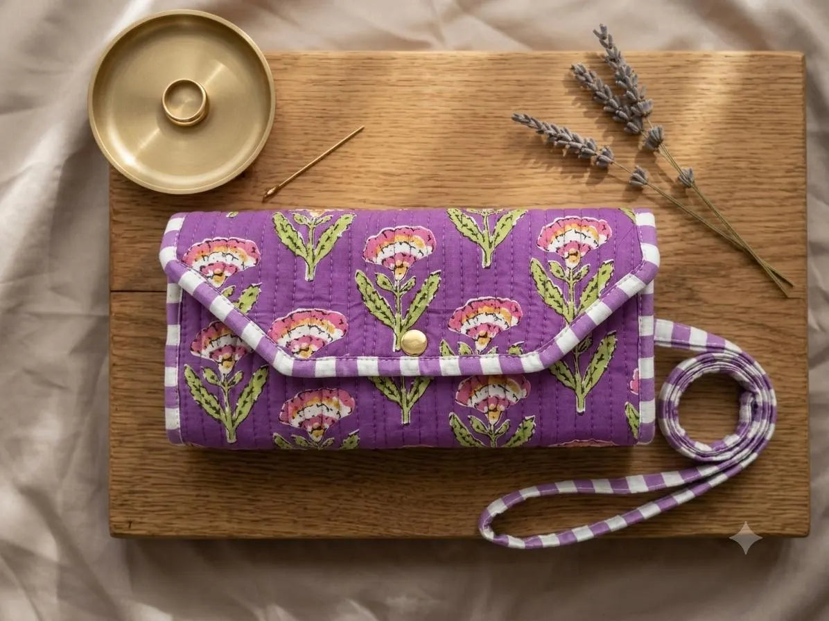 Quilted Cotton Wristlet Clutch | Block Print Floral  | Handmade Boho Bag - Nila