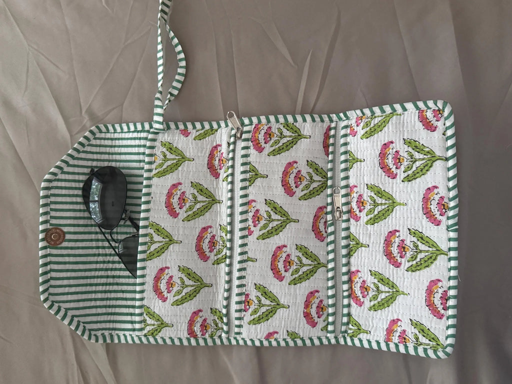 Quilted Cotton Wristlet Clutch | Block Print Floral  | Handmade Boho Bag - White flower