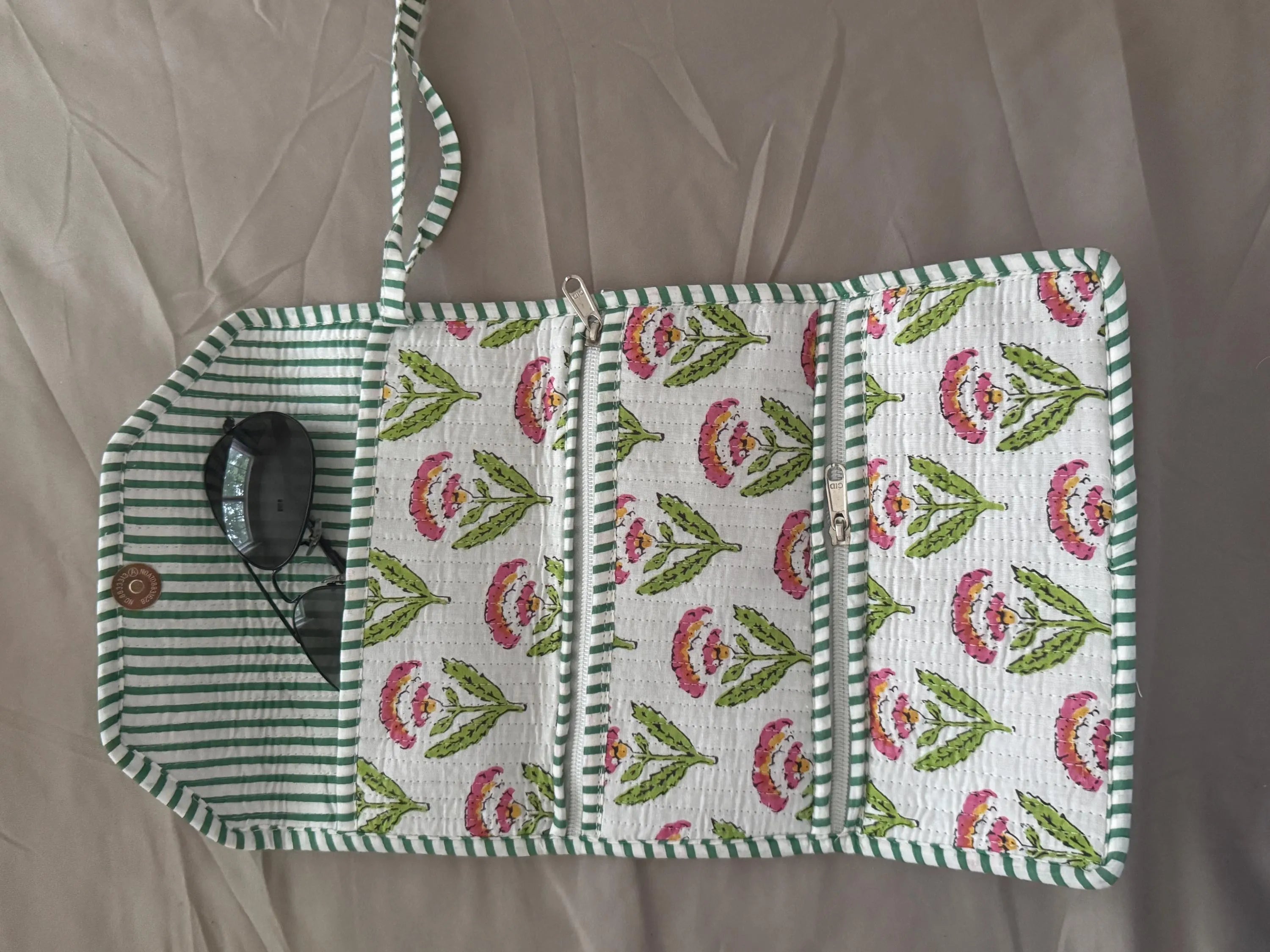 Quilted Cotton Wristlet Clutch | Block Print Floral  | Handmade Boho Bag - White flower